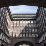 View of Chilehaus courtyard facade in Hamburg, an iconic UNESCO World Heritage site.