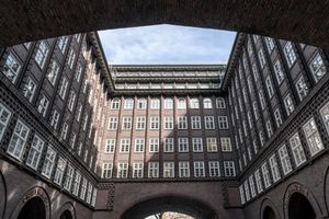 View of Chilehaus courtyard facade in Hamburg, an iconic UNESCO World Heritage site.